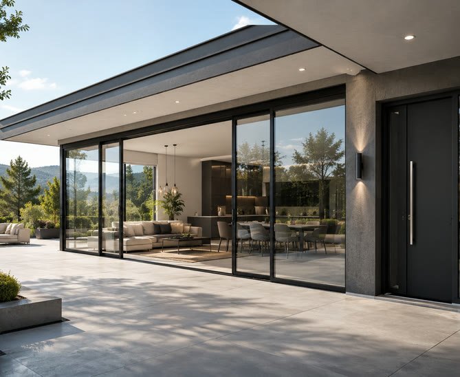 Moderne Terrasse mit bodentiefen Aluminium-Schiebetüren, offenem Wohnbereich und Aluminium-Haustür